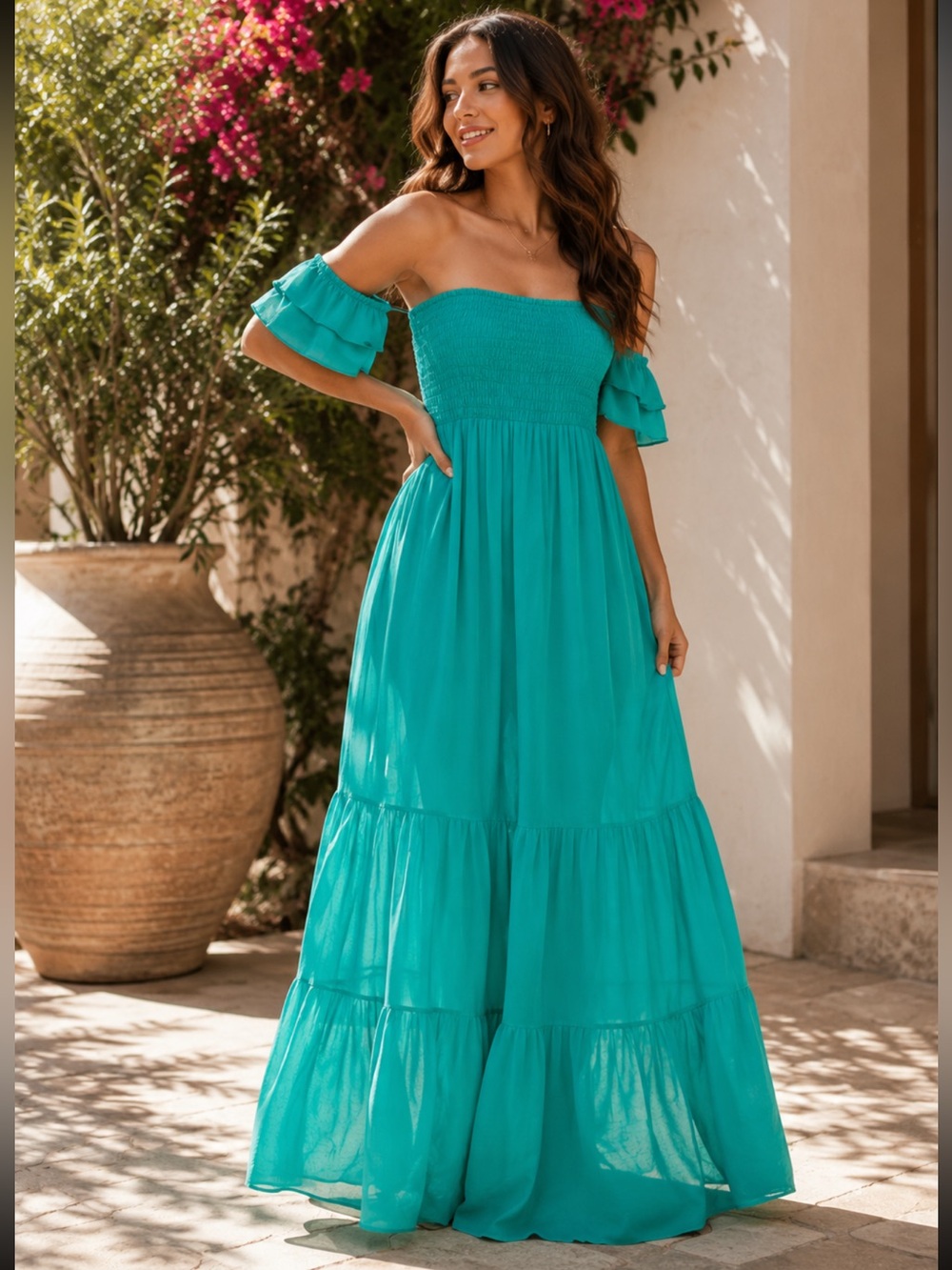 Boho Solid Flared Sleeve Long Tiered Dress